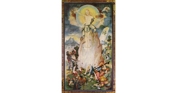 Jörg Ratgeb: »Auferstehung Christi«, rechter Außenflügel des Herrenberger Hochaltars, Öl auf Holz, 1518–1520, 270×147 cm Foto: gemeinfrei